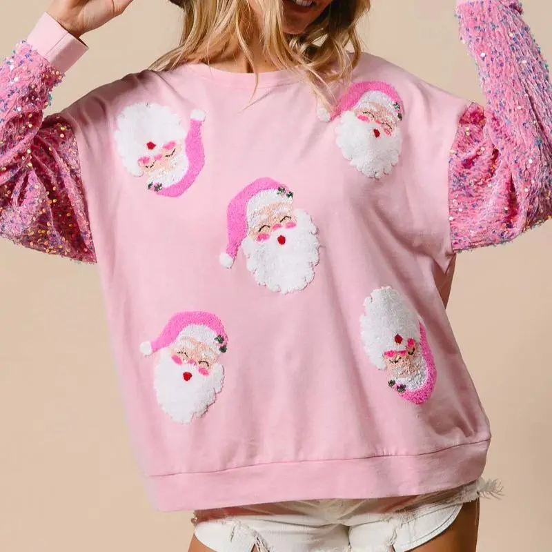 Women's Plush Christmas Hoodie - Breathable, Shiny Sequined Patchwork, Fashion Long-Sleeve Crewneck Pullover, Casual Aesthetic Festive Holiday Top, Oversize, Aesthetics, Sweater, Style, Denim, Baggy, Fabric, Lady