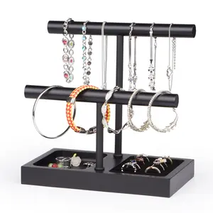 Jewelry Holder Organizers Bracelet Display Stand, Solid Wood Base with 2 Tier Metal T-bar for Bracelet Wristband Bangle Watch Necklace Hanging, Black