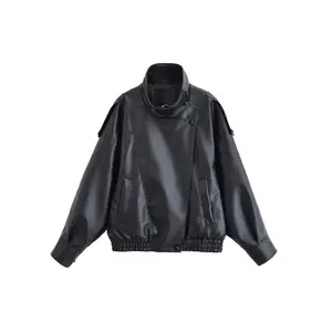 Women's Loose Fit Faux Leather Jacket, Stand Collar Long Sleeve Zipper Pocket Design, Casual Short Coat for Fall & Winter