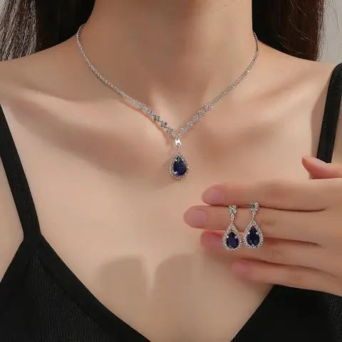 Women's Elegant Water Drop Shaped Artificial Gemstone Decorated Jewelry Set, Exquisite Trendy Rhinestone Decorated Necklace & Stud Earrings, Fashionable Jewelry Set for Party Decoration Necklace And Earring Set