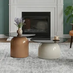 Set of 2 Nesting Round Coffee Table, Tempered Glass Top Center Table with Stable Metal Base, Modern Space Saving Accent Table Multipurpose Furniture for Living Room Apartment Office Indoor Home Decoration