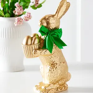RAZ Imports 14" Gold Resin Easter Bunny Rabbit with Egg Basket