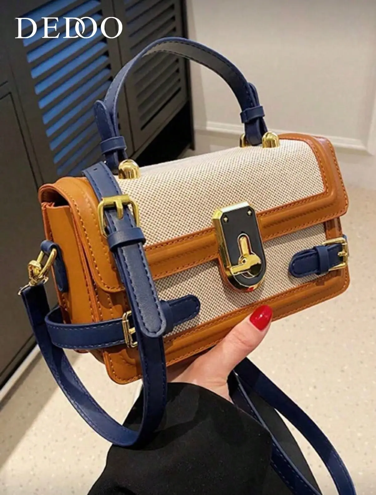 Vintage Color‑Block Small Satchel Handbag for Women, Leather Trim Lock Closure Top‑Handle Purse, Removable Wide Strap Crossbody Shoulder Bag for Daily Casual Travel, Purses For Women, Bags For Women
