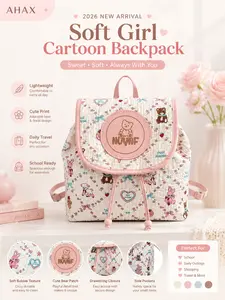 Korean Soft Girl Style Cartoon Bear Floral Backpack, Bubble Textured Drawstring Flap Bag, Cute Girls School Daily Travel Bag