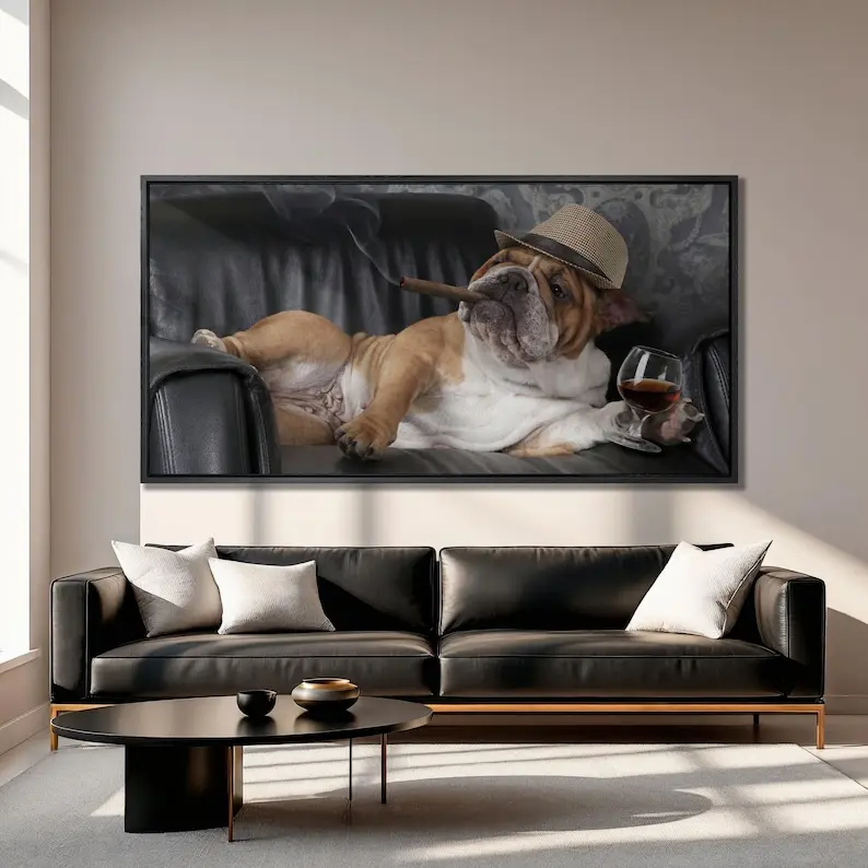 Artistic Bulldog & Whiskey Wall Poster - Retro Whimsical Plaid Frame-Style Print with Polka Dot, Houndstooth, Marble, Herringbone Accents, Cabin Room Home Decor, Unique Dad Gift, Home Supplies