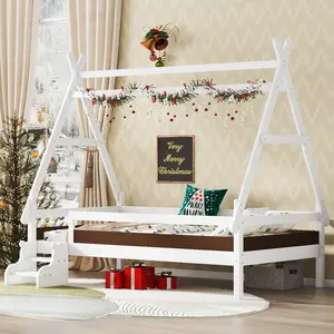 [Bellemave]Twin/Full House Platform Bed with Stairs, Solid Wood Twin Bed Frame, Low Profile and Childlike Fun Design, White
