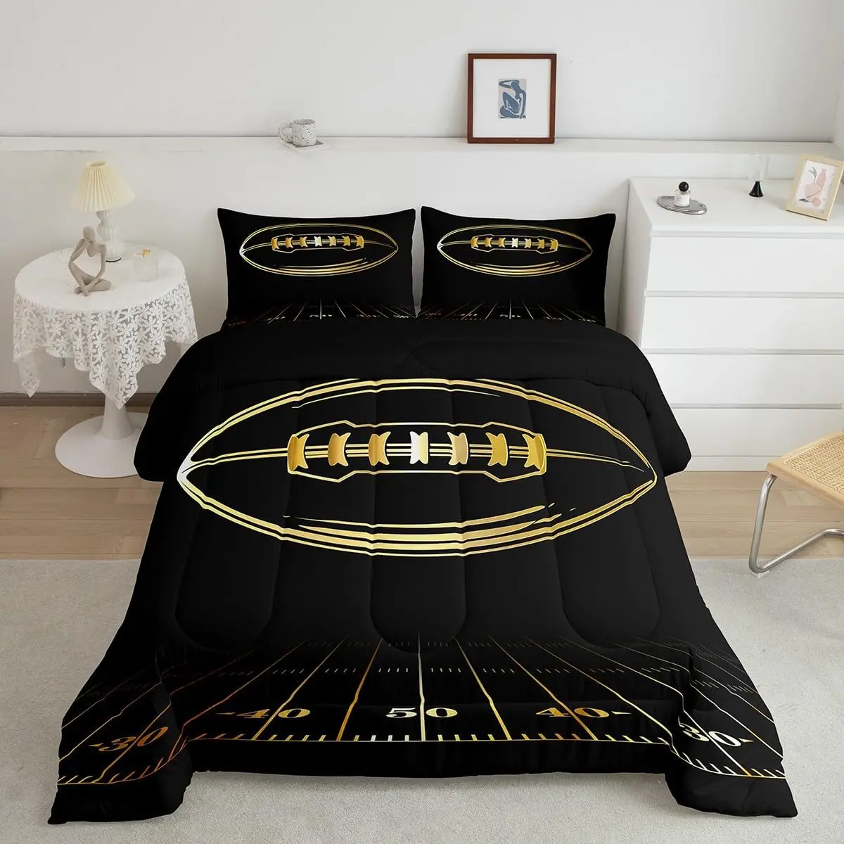 Luxury Sports-Themed Decorative Bedding Set - Golden Black Geometric Pattern Duvet with Lightweight Fill, Breathable, Multi-Size, Machine Washable, Travel-Friendly, Set Includes Comfy Bedroom Decor Pillows