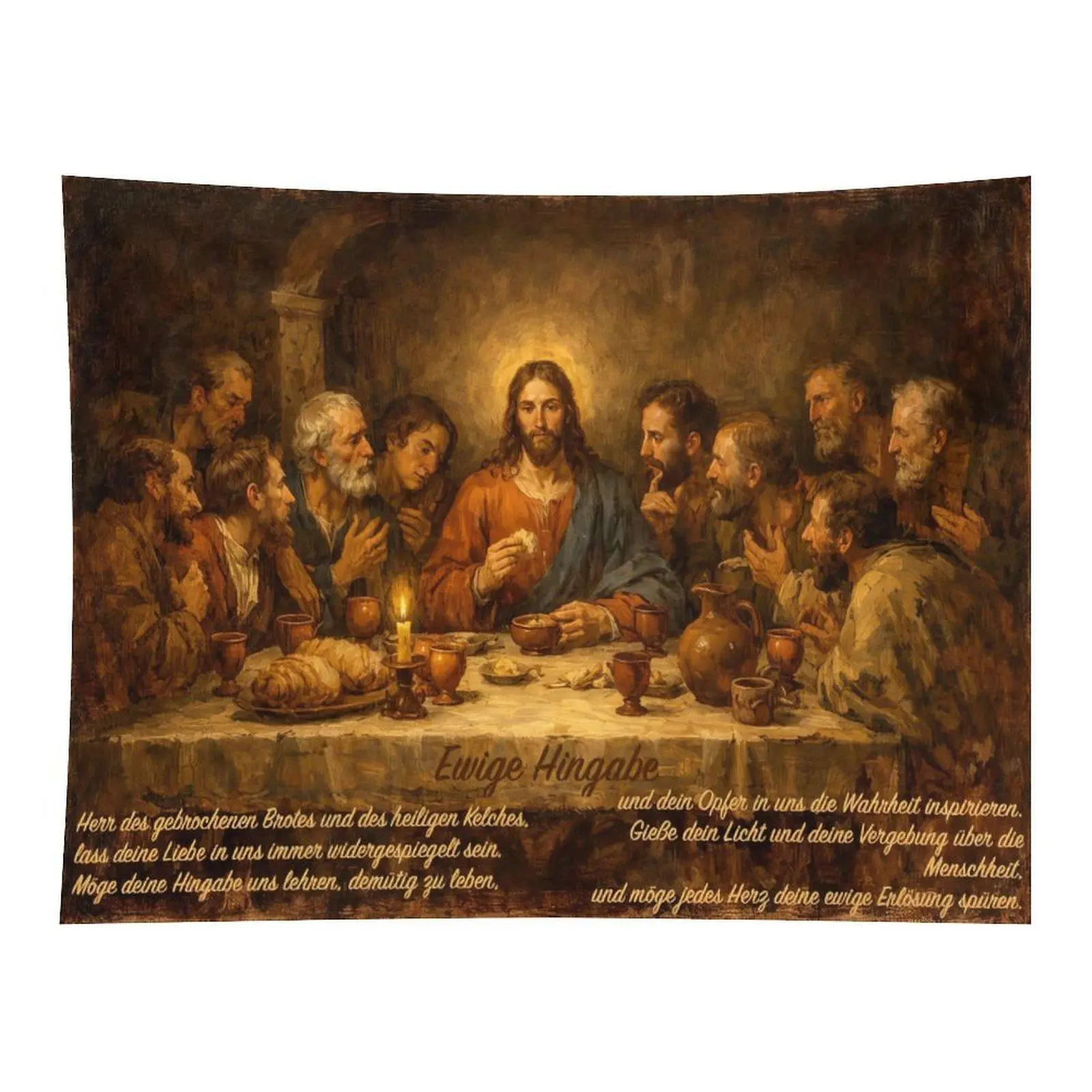 Vintage The Last Supper Oil Painting Wall Tapestry with German Bible Verse, Christian Polyester Wall Decor - Anti-Wear, Gentle Wash, with Hooks for Church Prayer Room Ornament
