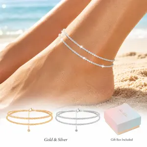 Sparkling Double Layer Anklet for Women, Gold Silver Summer Beach Ankle Bracelet, Dainty Lightweight Alloy Foot Jewelry with Gift Box, Shiny Vacation Wedding Travel Gift