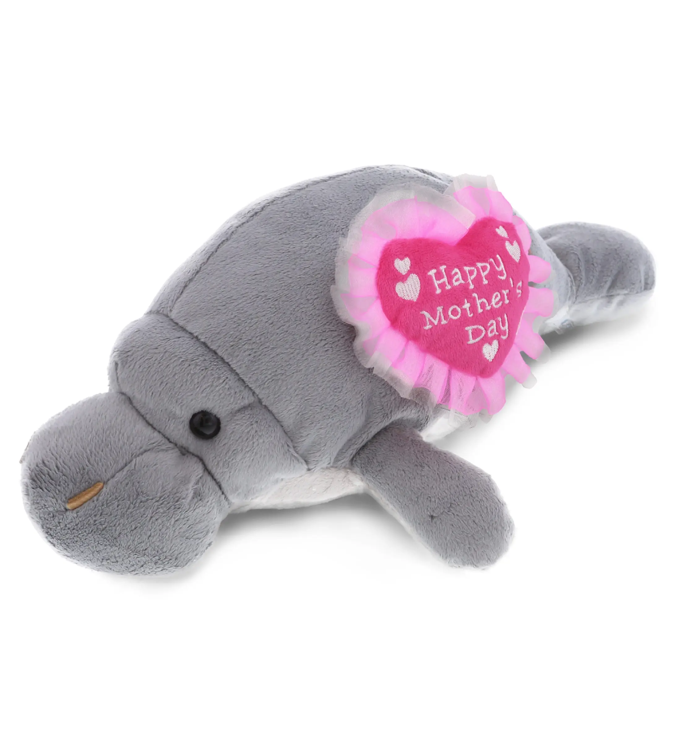 DOLLIBU 15in Grey Embroidered Heart Sea Life Manatee Stuffed Toy - 1 Dollibu Wild Plush Grey Manatee Stuffed Heart Toy, Soft Wild Plush Doll, Mother's Day Gift for Wife with Happy Mother's Day Message, Surface Clean Only, Cold Water Washable, Embroidery,