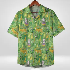 Studio Ghibli Spirited Away No-Face & Forest Spirits Hawaiian Shirt - Unique Green Pattern with Susuwatari, Kodama & Yubaba's Henchmen - Stylish Short Sleeve Button Up for Anime Fans, Summer & Casual Resort Wear
