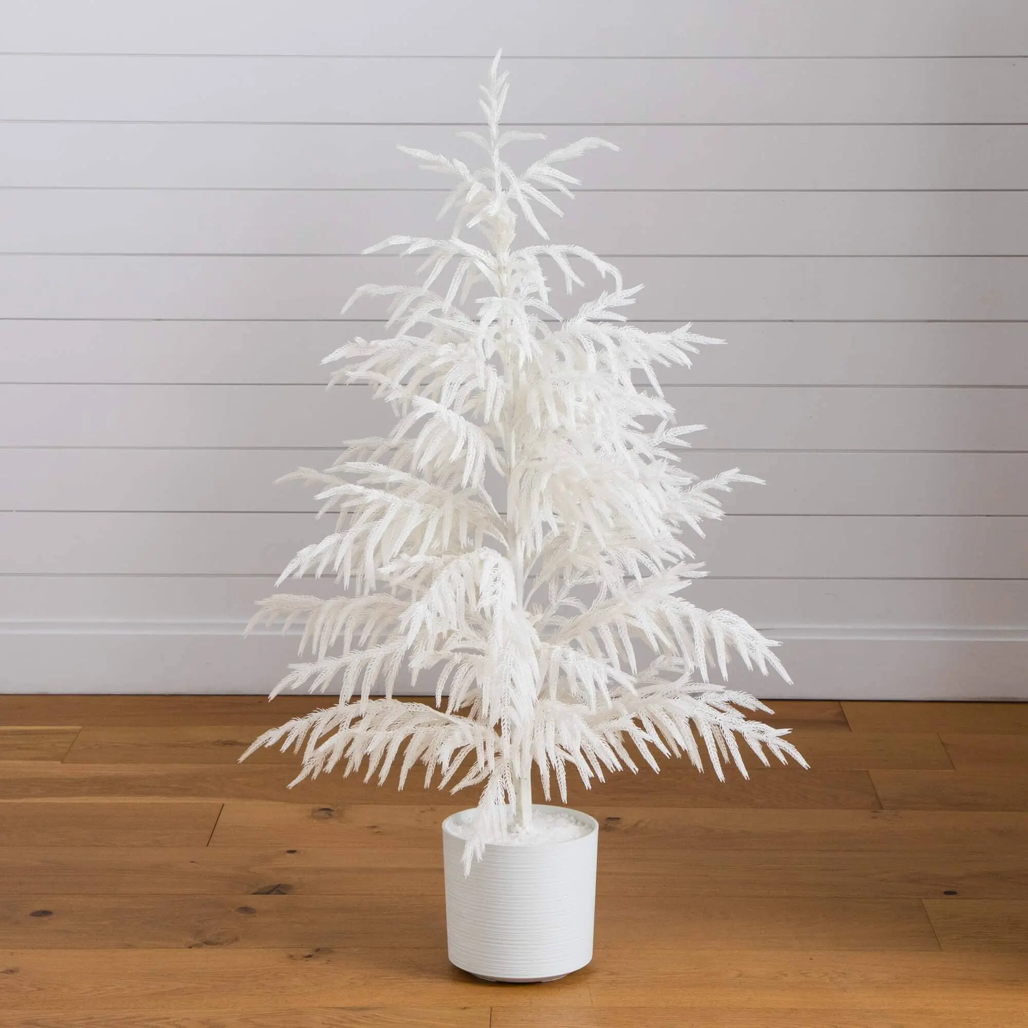 4ft Real-Touch Artificial White Norfolk Island Pine Christmas Tree, Decorative Home Supplies with Fake Flower & Plant Accents for Holiday Decor