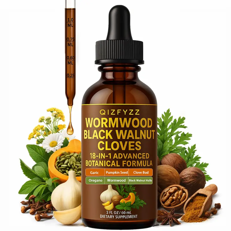 Qizfyzz 18-in-1 Botanical Dietary Supplement Drops - 6600 mg per Serving, Prop 65 Safe, Gut Support Detox Capsules, Intestine Cleanse, with Black Walnut, Wormwood, Clove+Garlic, Turmeric+Oregano, Pumpkin Seeds, Berberine for Natural Herb Lifestyle
