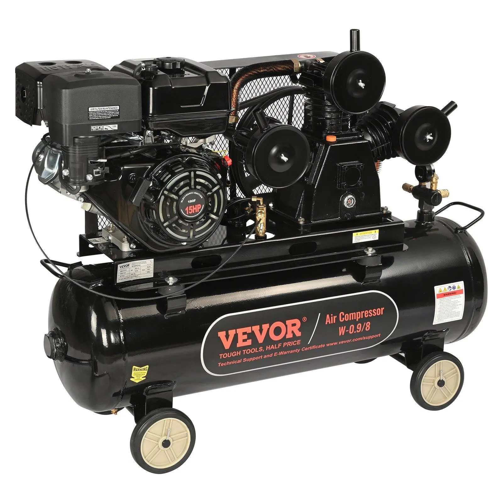 【summerfinds】VEVOR 15HP Gas Powered Air Compressor, 30 Gallon Horizontal Air Compressor Tank, 33CFM@115PSI Gas Driven Piston Pump Air Compressed System with 115PSI Max Pressure for Construction Sites Workshop
