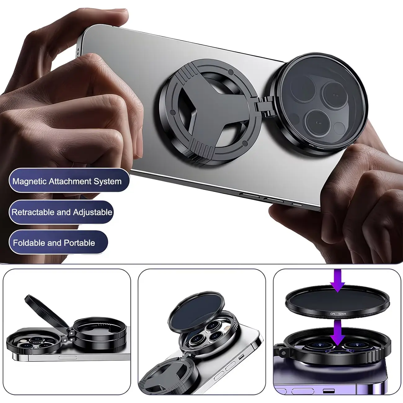 Magnetic Phone CPL Filter Polarizer, front 45-degree angle Ultra-realistic product photography magnetic smartphone camera lens filter system, perfectly aligned components studio lighting high-end e-commerce style, sharp focus, subtle shadows 8K resolution