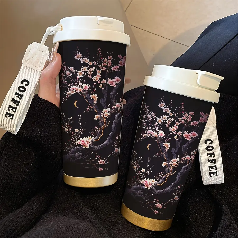 18oz Moon Peach Blossom Pattern Stainless Steel Vacuum Flask Tumbler with Lid - Leakproof Insulated Container, Creative Dual-Use Coffee Cup for Hot/Cold Drinks, Portable Kitchenware for Office, Ideal Birthday Gift, Stainless Vacuum Flasks