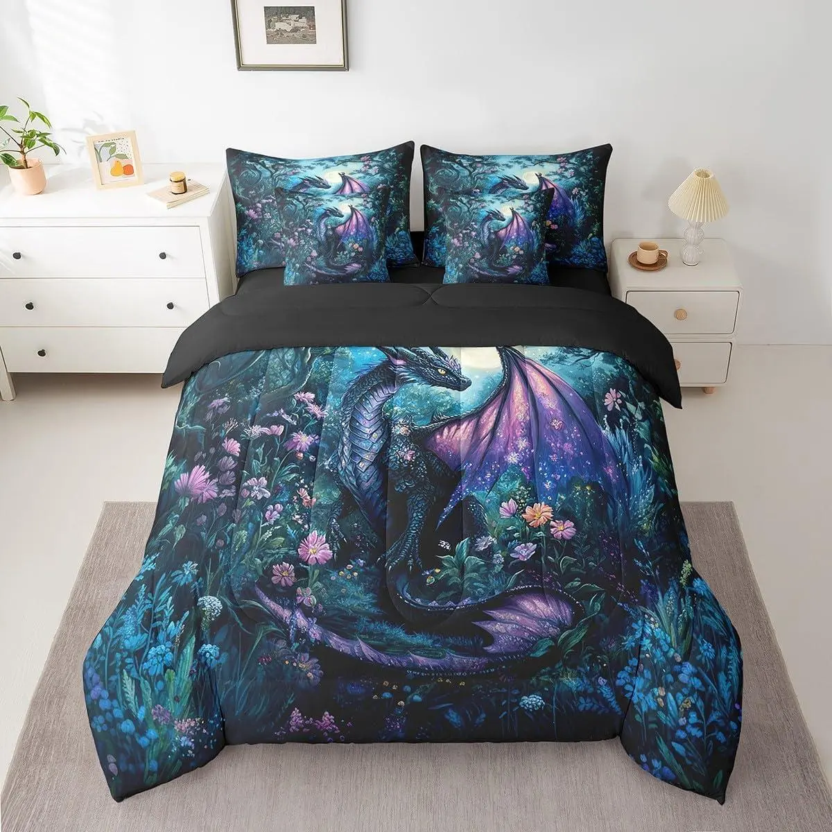 Dragon Comforter Set with Sheets Dragon Stuff Bed in a Bag for Boys Girls Teens Wild Life 7 Pieces Bedding Set Jungle Dragon Bed Set Room Decor Balck Blue