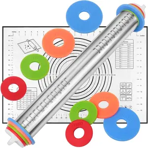 Rolling Pin with Thickness Rings and  Baking Mat, Adjustable Stainless Steel Rolling Pins for Pasta or Sugar Decorating Cookies, Bread Making Tools Fondant Roller for Dough, Dumpling, Ravioli