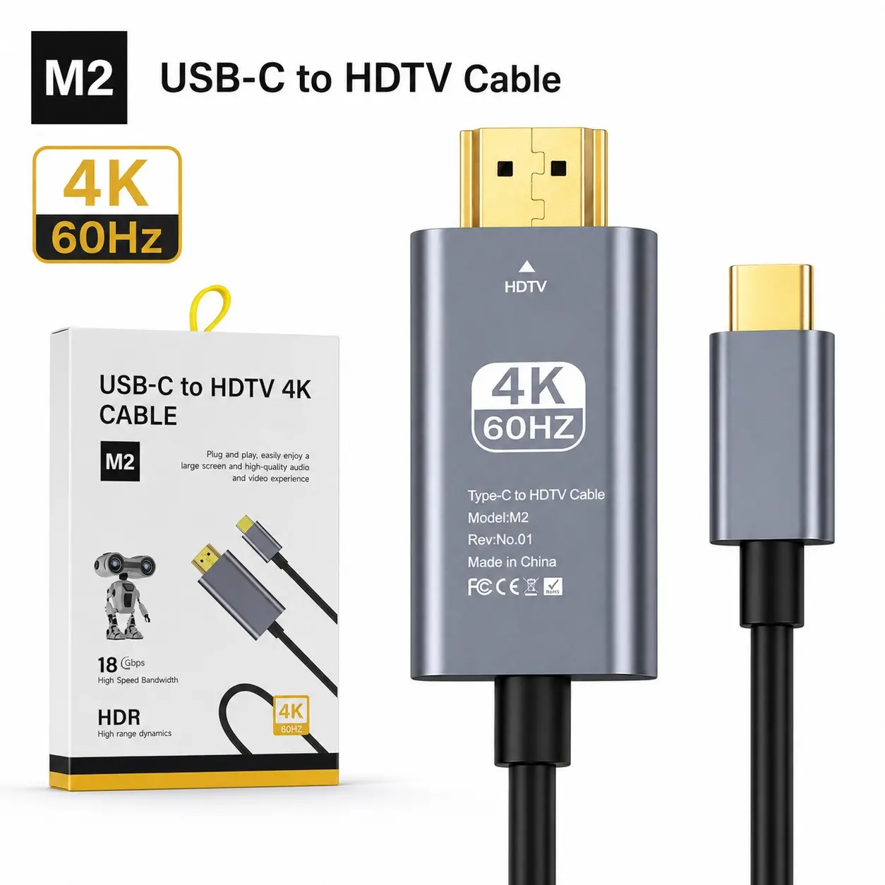 M2 USB C to HDMI Cable 4K 60Hz HDR, Flat Type C to HDMI Cord for MacBook, iPad, TV