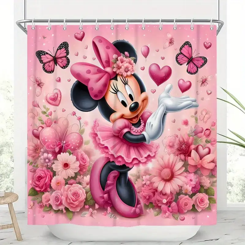 Disney Classic Blush Pink Mickey and Minnie Shower Curtain with 12 Durable Hooks, Bathroom Decor & Accessories, Holiday Home Accent