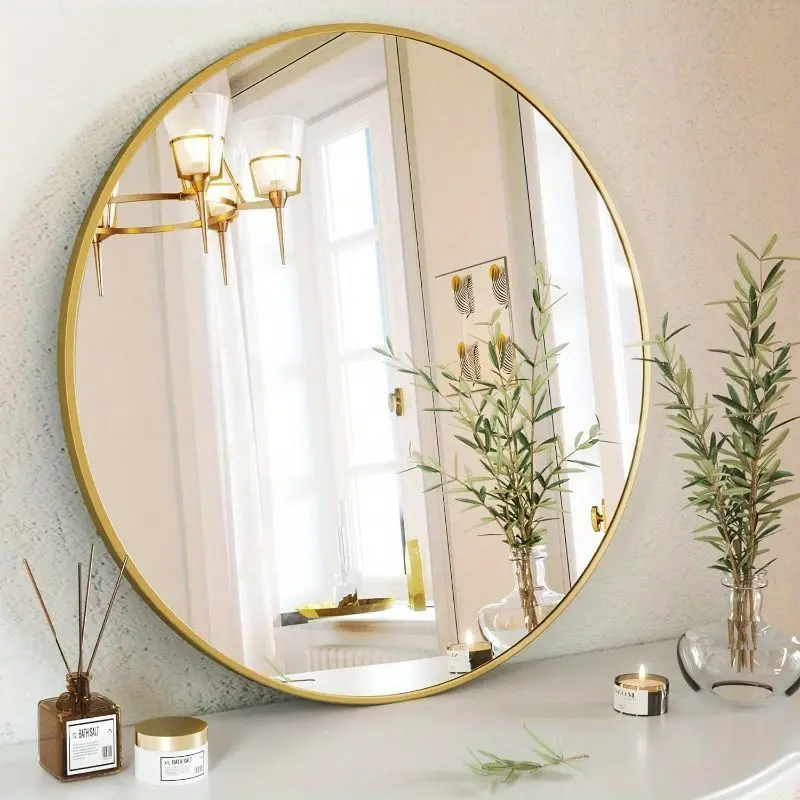 New Luxury Round Mirror - Elegant Circle Shape Sleek Black Finish Functional Vanity Mirror for Bathrooms Entryways Living Rooms and Wall Decor with Gold Accents Aluminium Glass