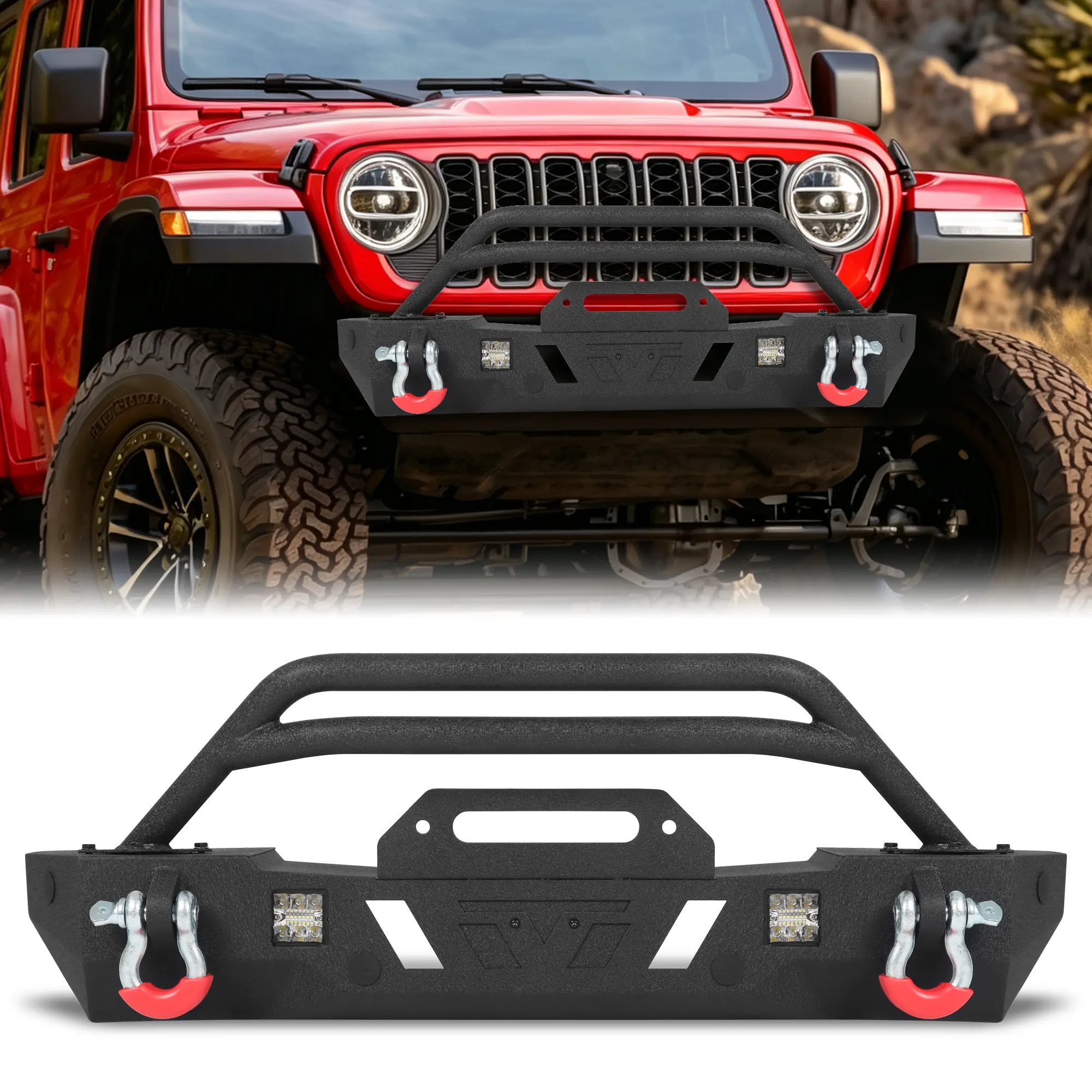 MONOKING Stubby Front Bumper for 2007-2018 Jeep Wrangler JK/JKU, 2018-2026 Wrangler JL/JLU and 2020-2026 Gladiator JT, Winch-Ready Steel Bumper with Dual 18W LED Pods, D-Rings and Bull Bar