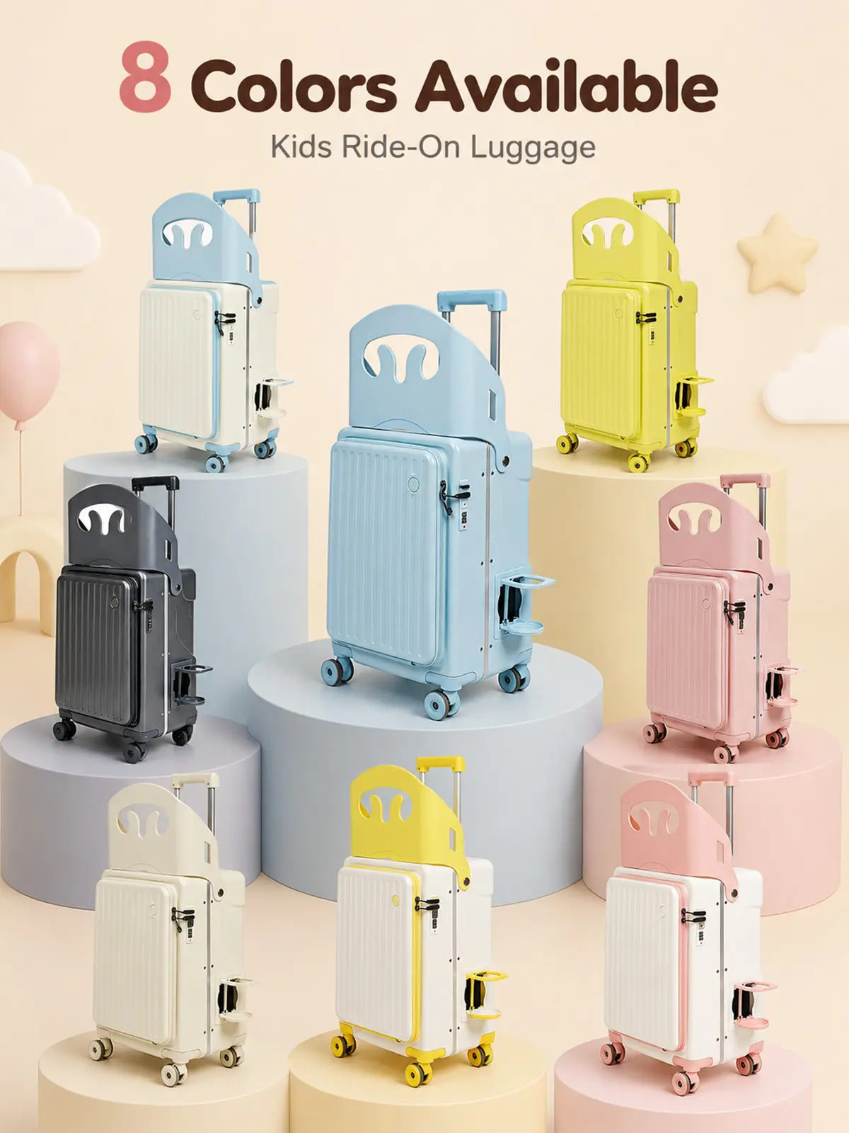 Rideable Carry On Luggage with Seat, Seatbelt, Buckle, Mesh & 3 Outside Pockets - Front-Opening, 4 Silent 360° Rotation Wheels with Brakes, 1-Button Removable Lightweight TSA-Approved Lock - Ideal for Airport Travel, Family Trips (Multiple Styles), 360° R
