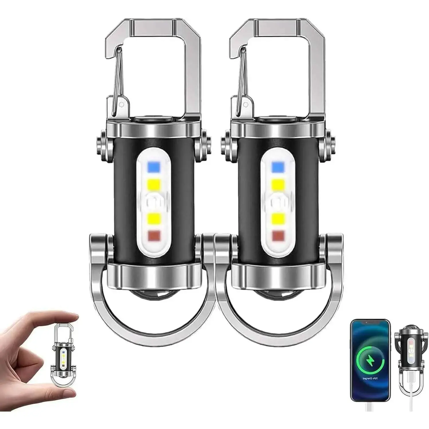 Fashion Keychain Accessory 2-Pack COB EDC Mini LED Flashlight - USB-C Rechargeable, High Lumen, Strobe/SOS Modes, Portable for Camping, Hiking