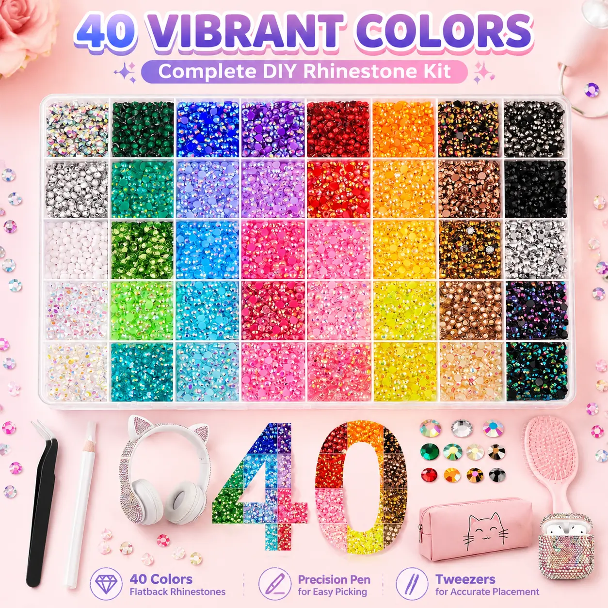 40 Color 32000 Pieces Multi-Color DIY Nail Art Decoration Kit, All Purpose Manicure Accessory Set for Nail Design,Handicrafts Pieces Of Diy Multi-Color Decoration For Diamond Painting, Handicrafts, Shoes, And Nail Art Diy Tool Kits shiny rhinestone gifted