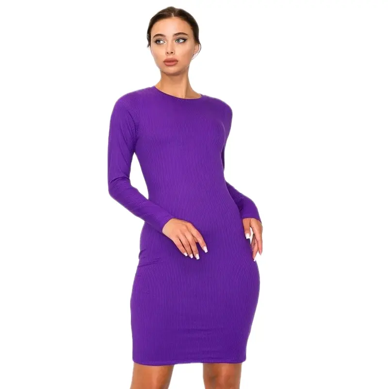 Front Double Layer Bodycon Dress in Vibrant Purple Color with Long Sleeves and Ribbed Texture Casual Womenswear Summer Basic Minimalist