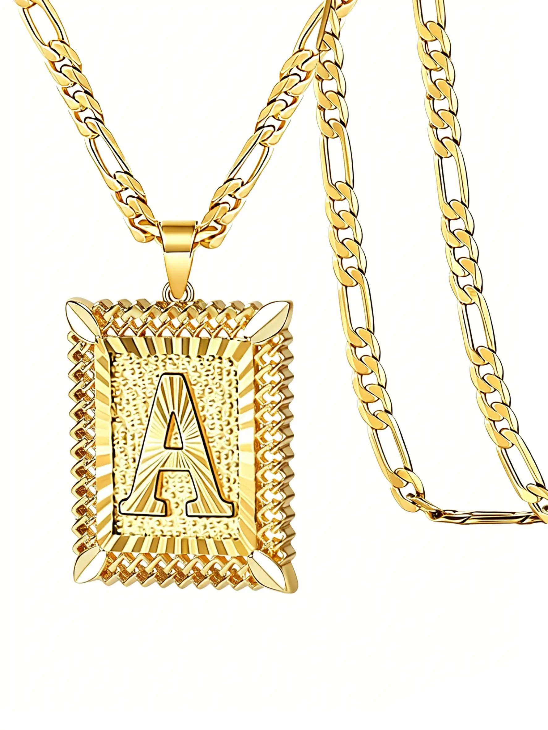 Gold Initial Pendant Necklace, Jewelry Necklace, Tarnish-Resistant Gold Plated Stainless Steel, Hypoallergenic, Sturdy Figaro Chain, Textured Square Frame, Suitable for Daily Wear & Stacking, Gift for Him/Her, Perfect for Special Occasions