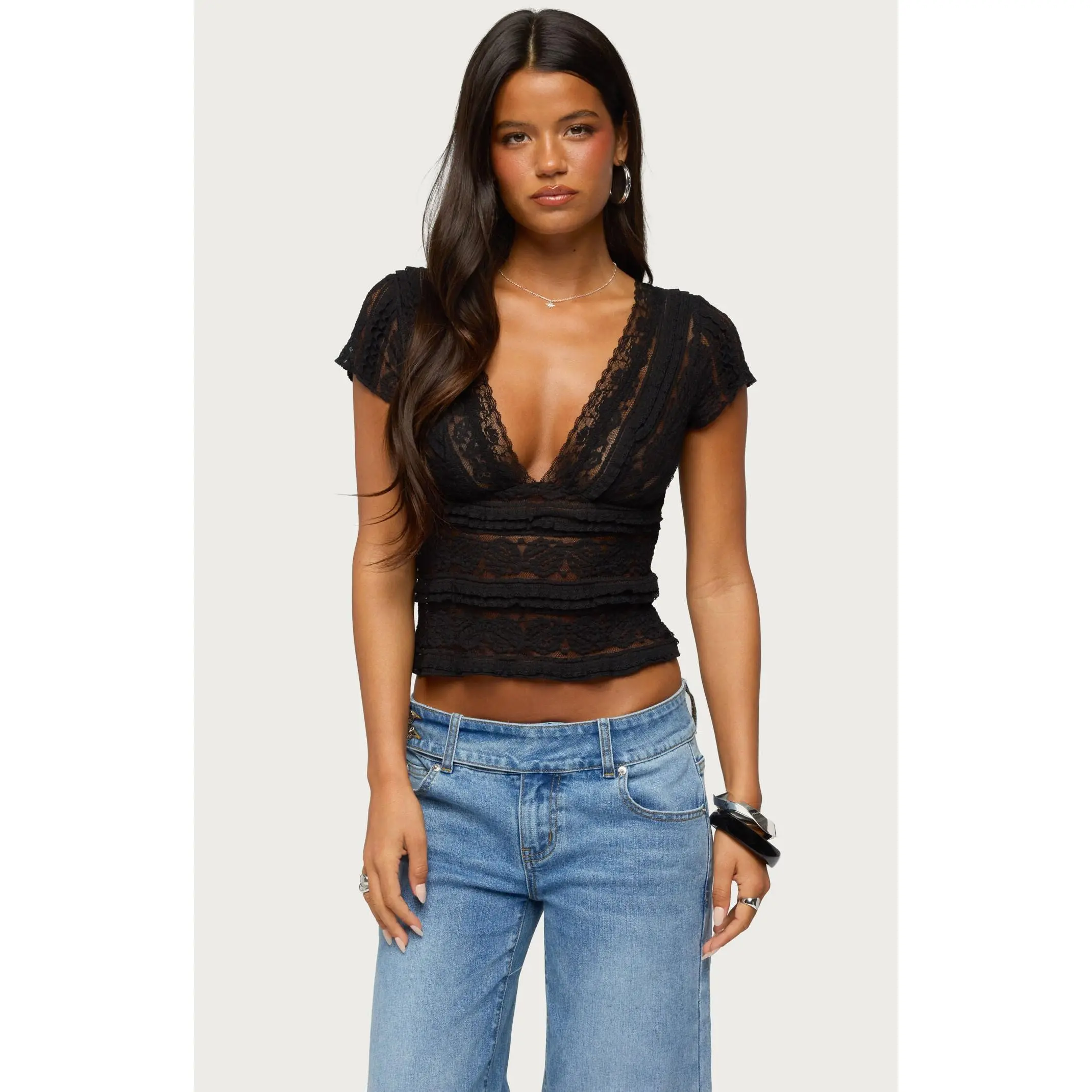 Edikted Women's Avalee Sheer Lace V Neck Top