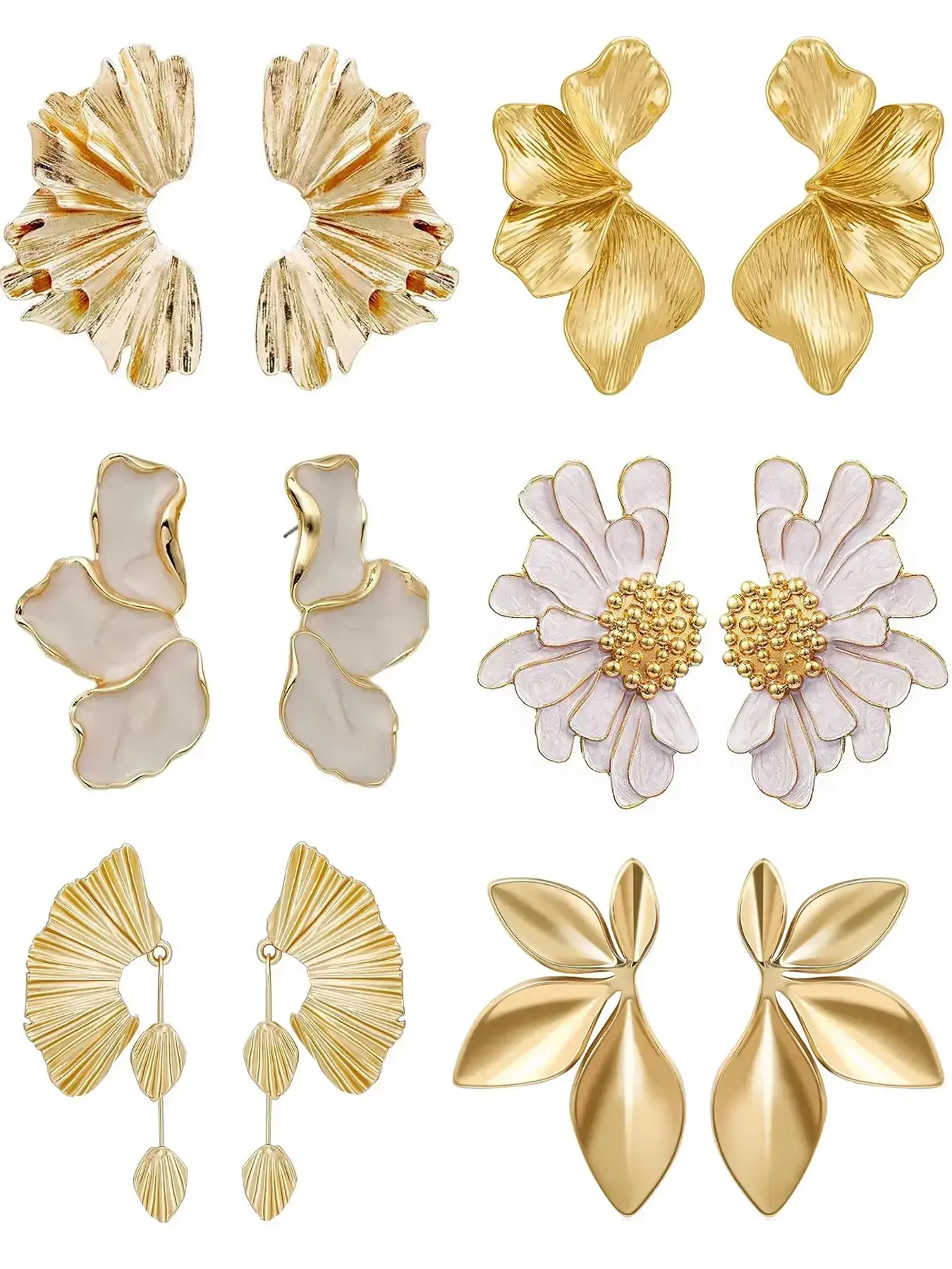 6 Pairs Chunky Statement Casual Earrings Set for Women, Gold Plated Sectored Flower, Leaf and Shell Designs, Hypoallergenic & Stylish Jewelry, Fashionable Earrings, Trendy Jewelry