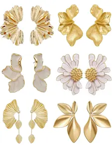 6 Pairs Chunky Statement Earrings Set for Women, Gold Plated Sectored Flower Leaf Shell Design, Hypoallergenic & Stylish Jewelry