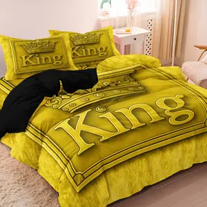 3pcs Golden King Crown Print Decorative Duvet Cover Set,  Text Print Bedding Luxury Royal Bedroom Decor,For Stylish Rooms Bedroom Hotel (Includes 1 Duvet Cover and 2 Pillowcases,No Comforter, No Pillow)
