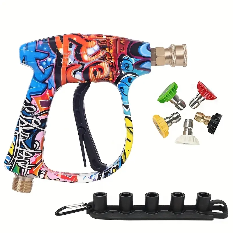 【For High-Pressure Washer】Colorful short handheld personalized graffiti car wash spray gun water spray tool M22-14 tail connector 1/4 inch quick connector equipped with 5 high-pressure cleaning nozzles