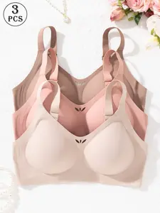 3-Pack Women's Plain Elegant Sports Bras, Seamless V-Neck Push-Up Bra, Breathable Comfort, Adjustable Straps, Suitable for All Seasons, Underwear