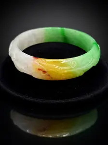 Carved Multi-Color Translucent Jadeite Bangle – Natural Type A | Green, Honey & White | 57mm