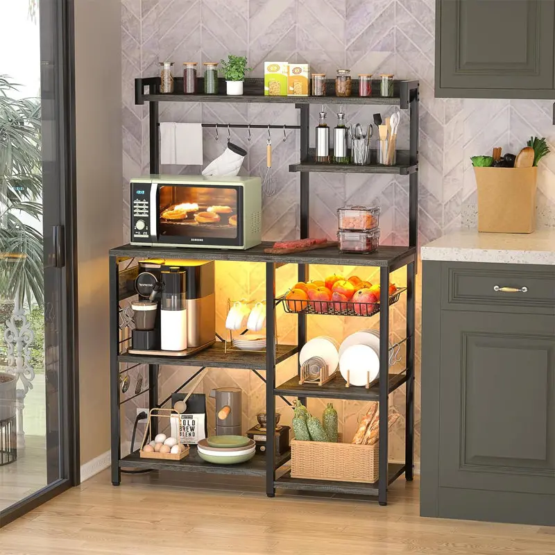 Baker's Rack with Power Outlets & LED Lights, 7-Tier Metal & Wood Kitchen Organizer Shelf Rack, Adjustable Baskets for Enhanced Storage & Decor Wooden storage rack