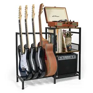Guitar Stand Multiple Guitars with Vinyl Record Storage Cabinet Holder, Guitar Floor Holder with 3-tier Storage Shelf for Acoustic, Bass, Electric, and Guitar Case. ( Two Installation Methods )