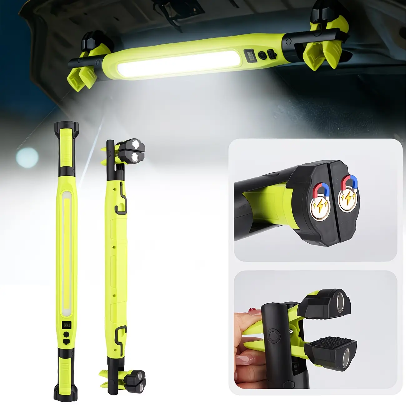 1PC Red/Green Rechargeable 360-Degree Rotatable COB Work Light, Portable 4-Function Car Repair Light with Clip, with Hook, Emergency Light, Handheld Flashlight, with Red Light, Magnetic, Strip Light, Suitable for Car Hood, Camping