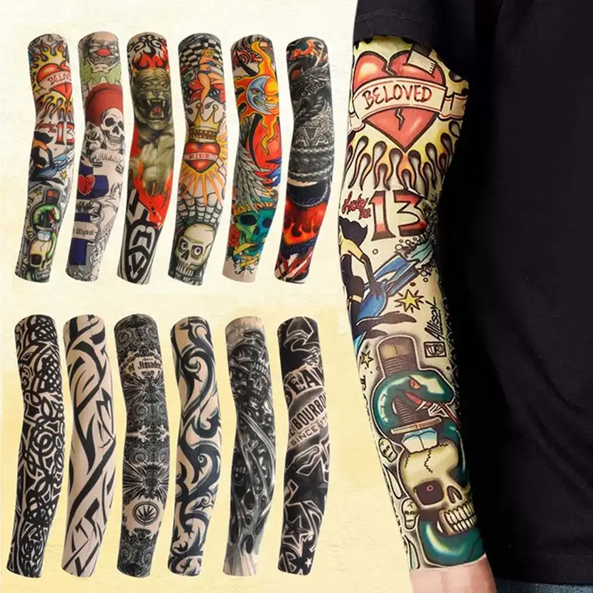 12 Pairs Cooling Arm Sleeves Outdoor Sports Cycling Sun Protection Tattoo Sleeves - Men and Women Outdoor Personalized Fake Temporary Tattoo Anti-UV Cycling Sports Arm Sleeves