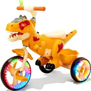 Dinosaur Tricycle for Toddlers, Kids Trike with Music, LED,  for Rider, Big Wheel, Storage Basket, Horn, Toddler Bike for Boy, Dinosaur Toys for Kids 3-4 4-7