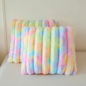 2 Pack Fluffy Faux Rabbit Fur Throw Pillow Covers, Comfy Wide Stripe Plush Fuzzy Home Decor Square Cushion Covers with Zipper, Shaggy Tie Dye Pillow Shams for Bed Couch Sofa Chair, 18x18, Rainbow