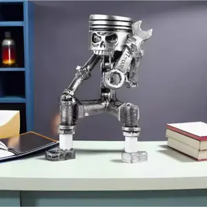 Mechanical Skull Design Sculpture Statue Figurine with Piston & Gears - Handcrafted Resin Art on Retro Wrench Base | Gothic Steampunk Decor for Car Lovers, Halloween, & Christmas Collectibles