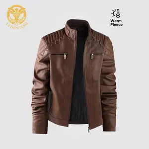 LEDUNTINO Men's Long Sleeve Plain Brown Zipper-Style Windproof Warm Thick Wool Fleece-Lined Elegant Casual Fashionable Outdoor Jacket for Motorcycle Enthusiasts Stylish