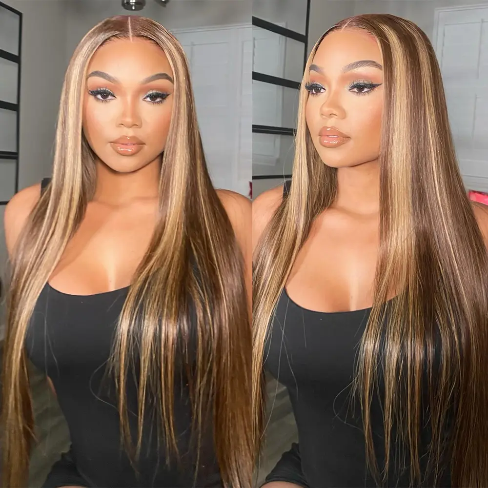 Ishow 30Inch P4/27 Highlight Honey Blonde Straight Bundles Human Hair 3/4 Bundles Human Hair Straight Quick Weave Hair Bundles Piano Color