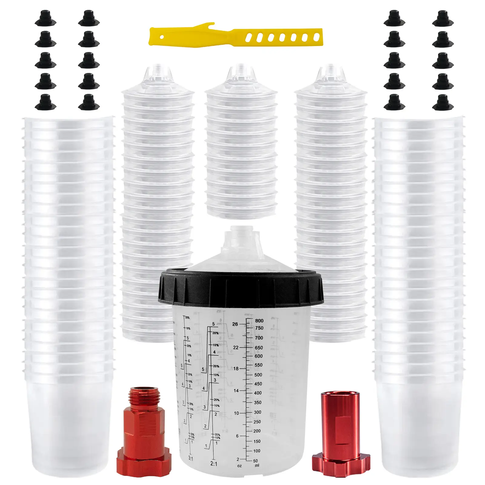 RRJ Transparent Disposable Paint Cups Set for HVLP-LVLP Spray Guns, Enamel-Compatible, 800/600/200mL Scaled Hard Cups, 50 Cups+Lids, Ring, Male/Female Connector, Adapter, Paint Stirrer, High-Capacity Mode Adjustment Device, Paint Spraying Tool, 360° Spray