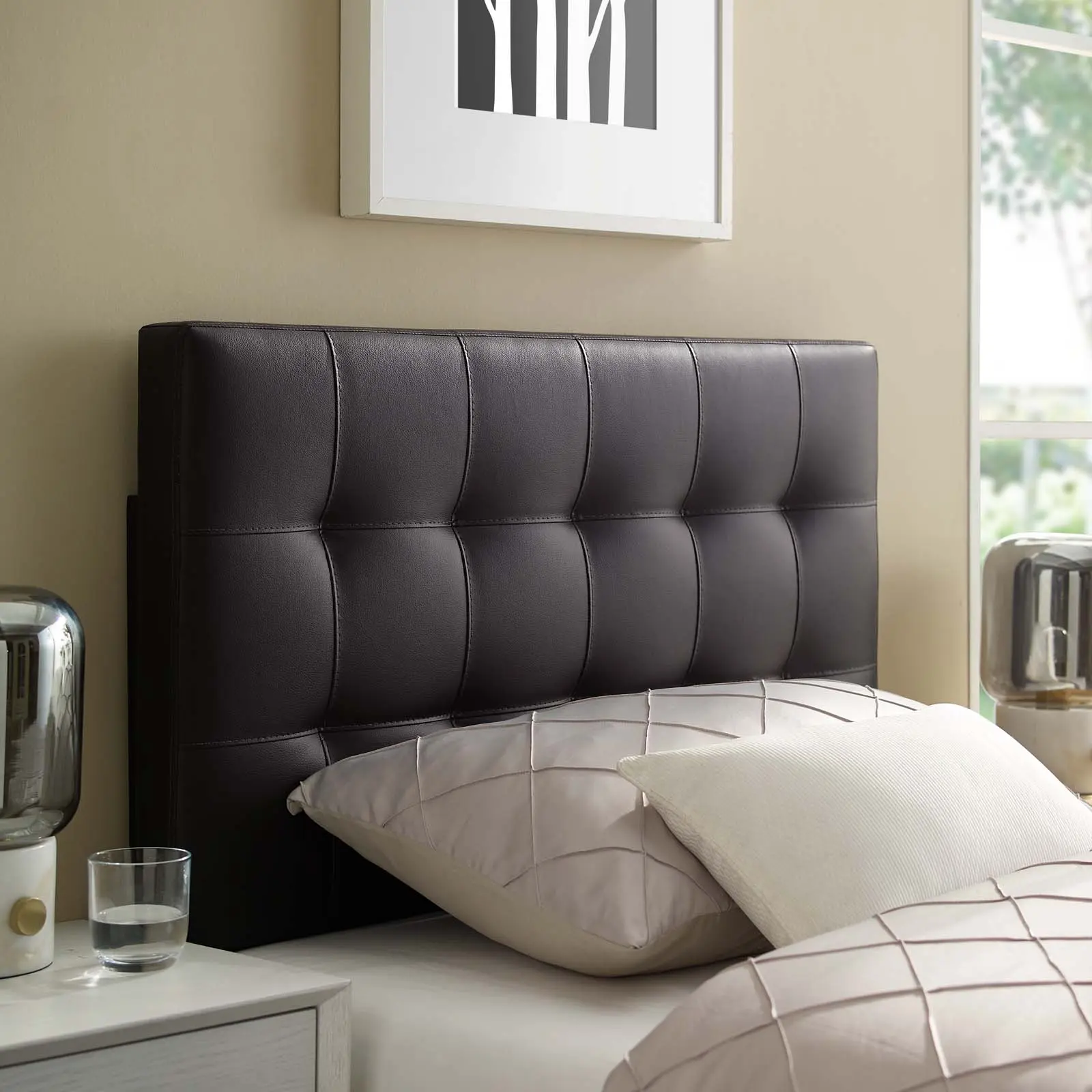 Modway Lily Twin Tufted Faux Leather Headboard, Brown Upholstered Vinyl Indoor Furniture Headboard, Tufted Headboard