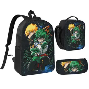 Three Piece Set My Hero14 Printed Backpack Waterproof Curved Adjustable Shoulder Strap High Capacity Mesh Messenger Bag